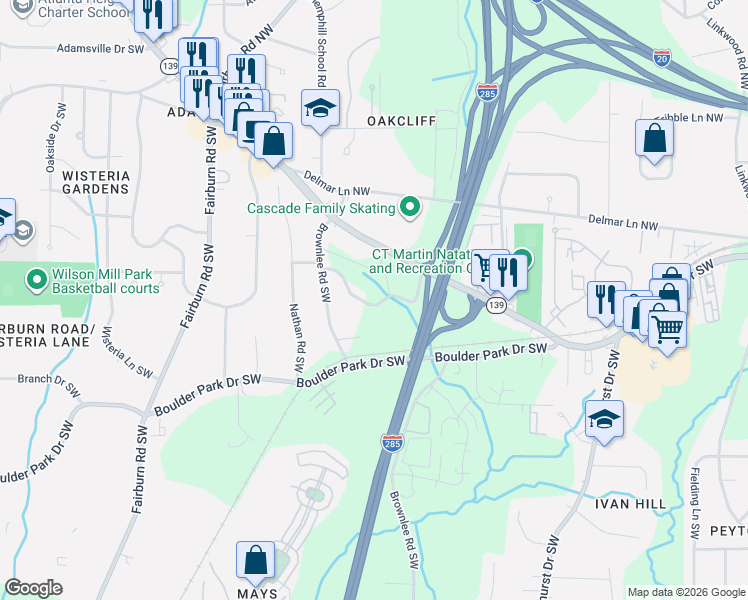 map of restaurants, bars, coffee shops, grocery stores, and more near 3373 Treadwell Circle Southwest in Atlanta