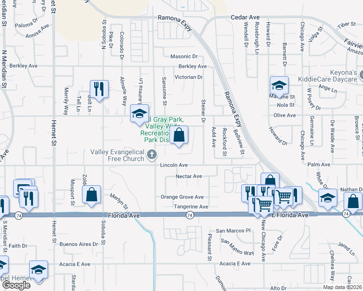 map of restaurants, bars, coffee shops, grocery stores, and more near 402 Lombard Court in Hemet
