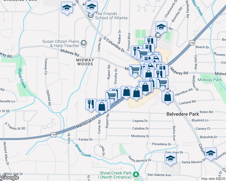 map of restaurants, bars, coffee shops, grocery stores, and more near 1386 Rupert Road in Decatur