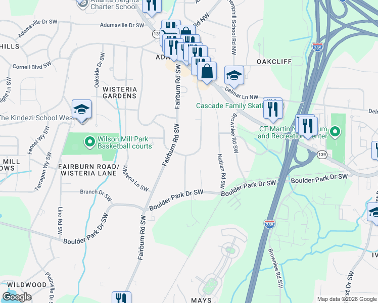 map of restaurants, bars, coffee shops, grocery stores, and more near 197 Howell Drive Southwest in Atlanta