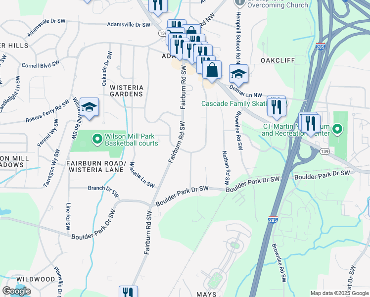 map of restaurants, bars, coffee shops, grocery stores, and more near 247 Howell Drive Southwest in Atlanta
