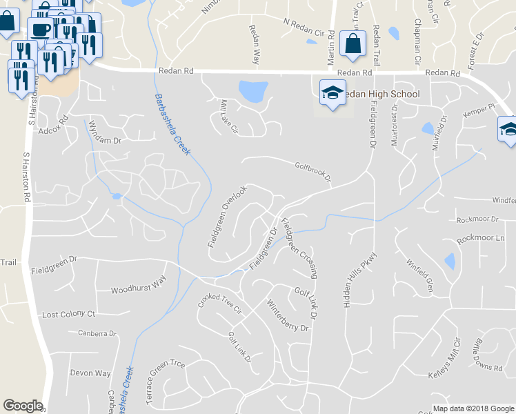 map of restaurants, bars, coffee shops, grocery stores, and more near 5089 Fieldgreen Crossing in Stone Mountain
