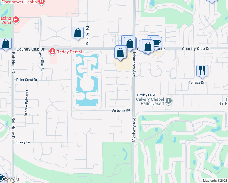 map of restaurants, bars, coffee shops, grocery stores, and more near Calle La Reina in Rancho Mirage