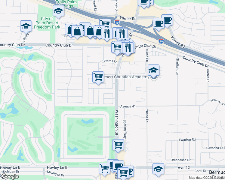 map of restaurants, bars, coffee shops, grocery stores, and more near 40700 Golden Way in Palm Desert