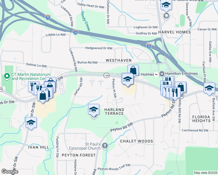 map of restaurants, bars, coffee shops, grocery stores, and more near 79 Peyton Place Southwest in Atlanta