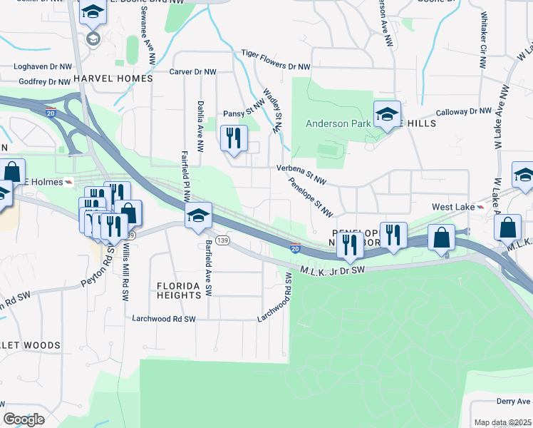 map of restaurants, bars, coffee shops, grocery stores, and more near 16 Wadley Street Northwest in Atlanta
