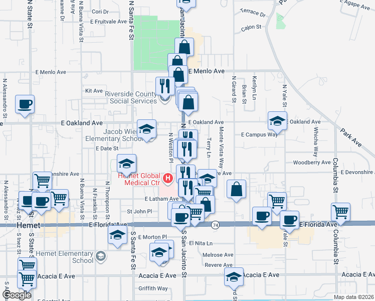 map of restaurants, bars, coffee shops, grocery stores, and more near 380 North San Jacinto Street in Hemet