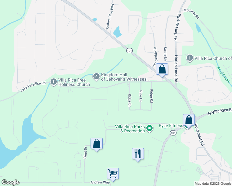 map of restaurants, bars, coffee shops, grocery stores, and more near 602 Jackie Lane in Villa Rica