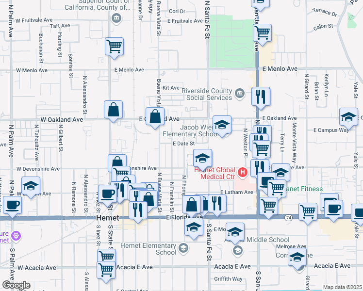 map of restaurants, bars, coffee shops, grocery stores, and more near 369 North Thompson Street in Hemet