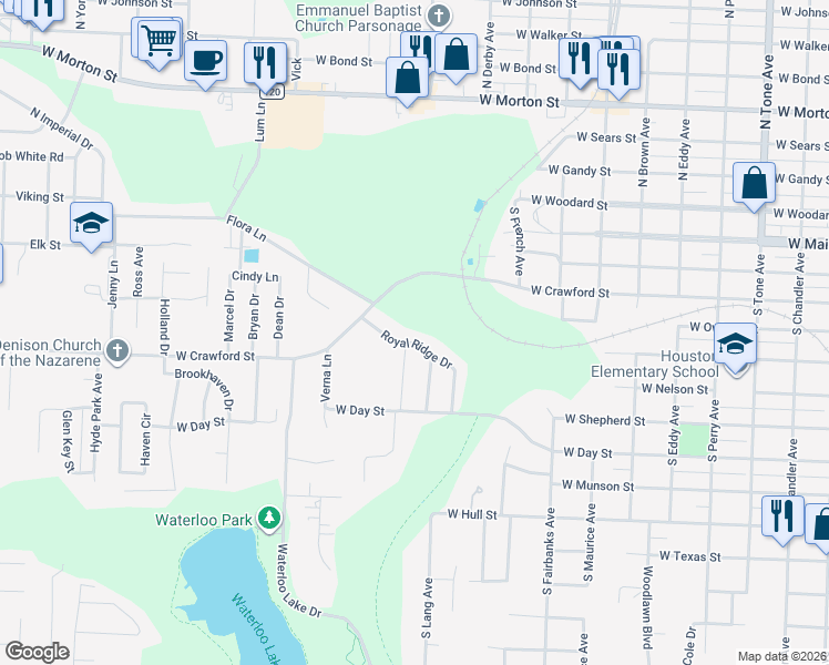 map of restaurants, bars, coffee shops, grocery stores, and more near 626 Royal Ridge Drive in Denison