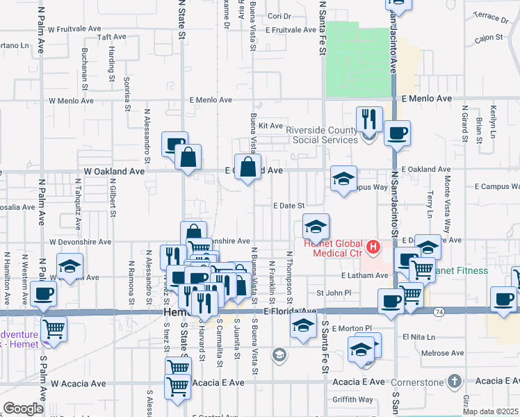map of restaurants, bars, coffee shops, grocery stores, and more near 362 North Buena Vista Street in Hemet