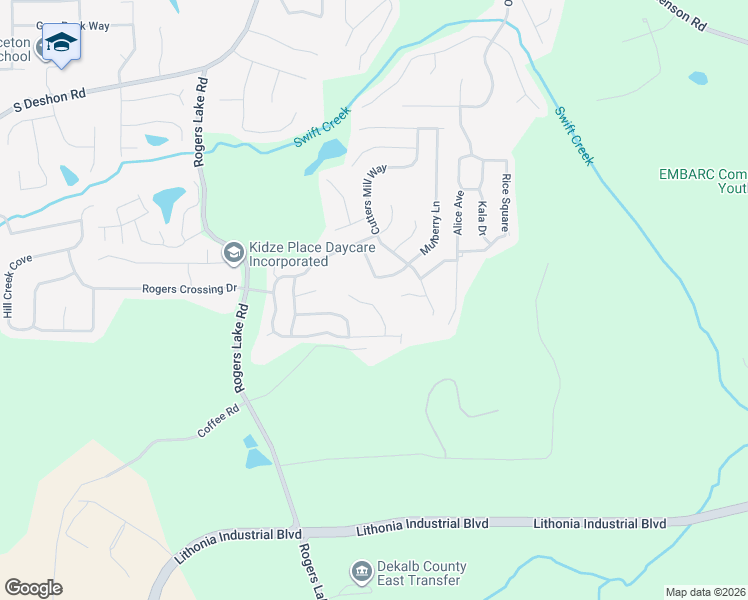 map of restaurants, bars, coffee shops, grocery stores, and more near 7188 Mill Arbor in Lithonia