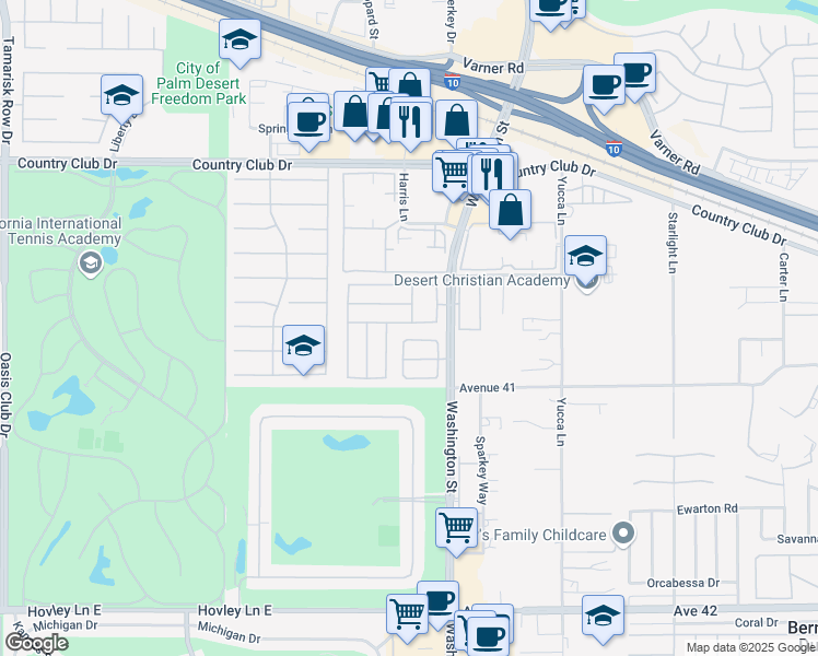 map of restaurants, bars, coffee shops, grocery stores, and more near 77917 Calypso Road in Palm Desert