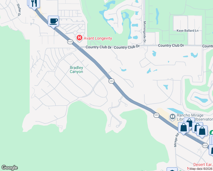 map of restaurants, bars, coffee shops, grocery stores, and more near 70674 Boothill Road in Rancho Mirage