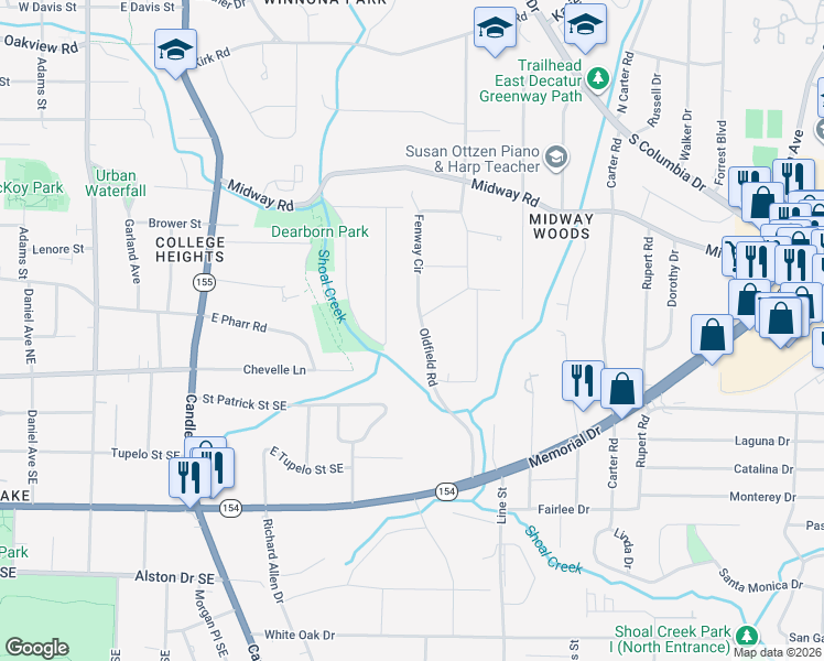 map of restaurants, bars, coffee shops, grocery stores, and more near 1427 Oldfield Road in Decatur