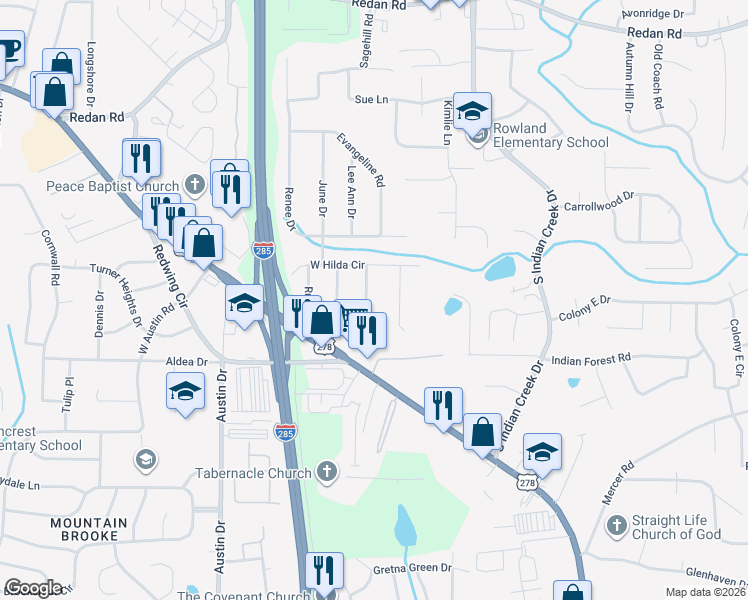 map of restaurants, bars, coffee shops, grocery stores, and more near 3989 East Hilda Circle in Decatur