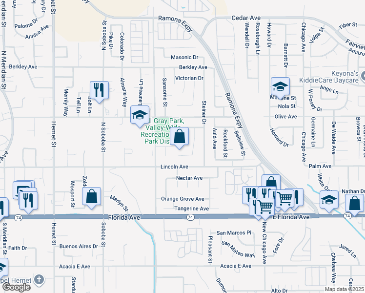 map of restaurants, bars, coffee shops, grocery stores, and more near 402 Lombard Court in Hemet