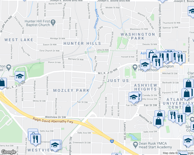 map of restaurants, bars, coffee shops, grocery stores, and more near 76 Burbank Drive Northwest in Atlanta
