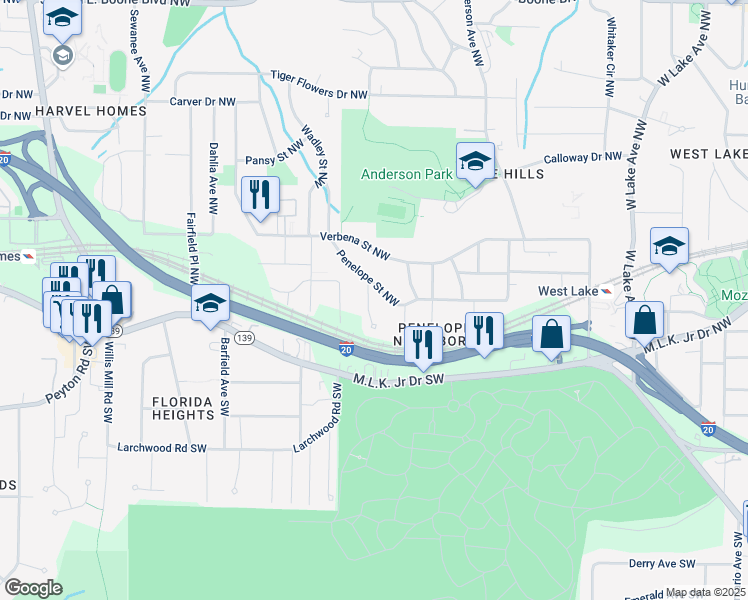 map of restaurants, bars, coffee shops, grocery stores, and more near 215 Collum Street Northwest in Atlanta
