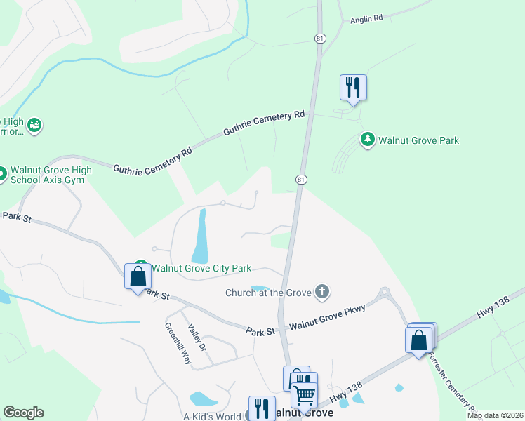 map of restaurants, bars, coffee shops, grocery stores, and more near 2421 Emerald Drive in Loganville