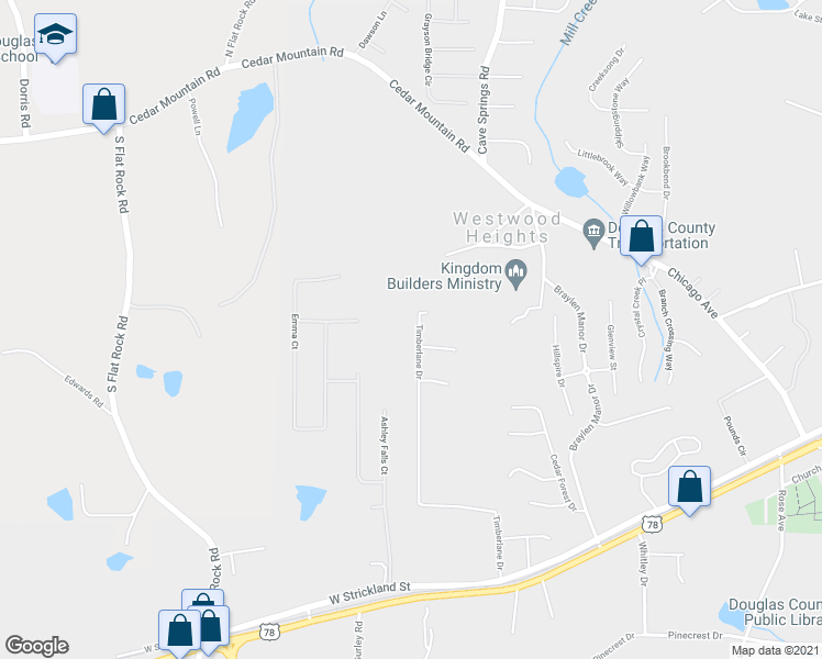 map of restaurants, bars, coffee shops, grocery stores, and more near 8367 Timberlane Drive in Douglasville