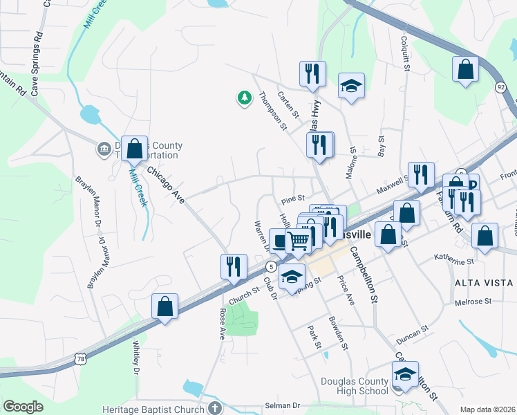 map of restaurants, bars, coffee shops, grocery stores, and more near 8342 Warren Drive in Douglasville