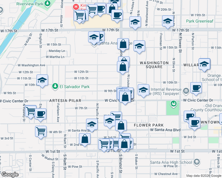 map of restaurants, bars, coffee shops, grocery stores, and more near 1333 West 9th Street in Santa Ana