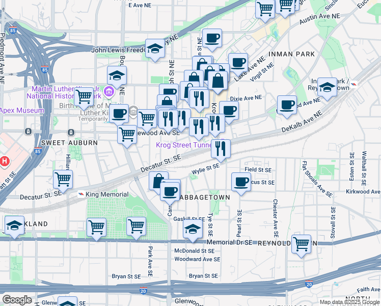 map of restaurants, bars, coffee shops, grocery stores, and more near 626 Dekalb Avenue in Atlanta