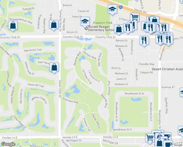 map of restaurants, bars, coffee shops, grocery stores, and more near 40660 La Costa Circle East in Palm Desert