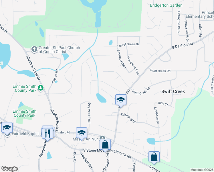 map of restaurants, bars, coffee shops, grocery stores, and more near 6170 Windy Ridge Trail in Lithonia