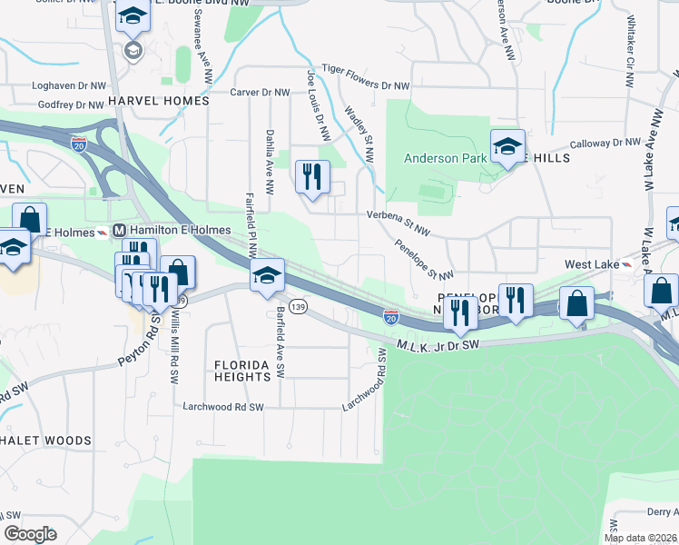 map of restaurants, bars, coffee shops, grocery stores, and more near 2174 Wilson Avenue Northwest in Atlanta