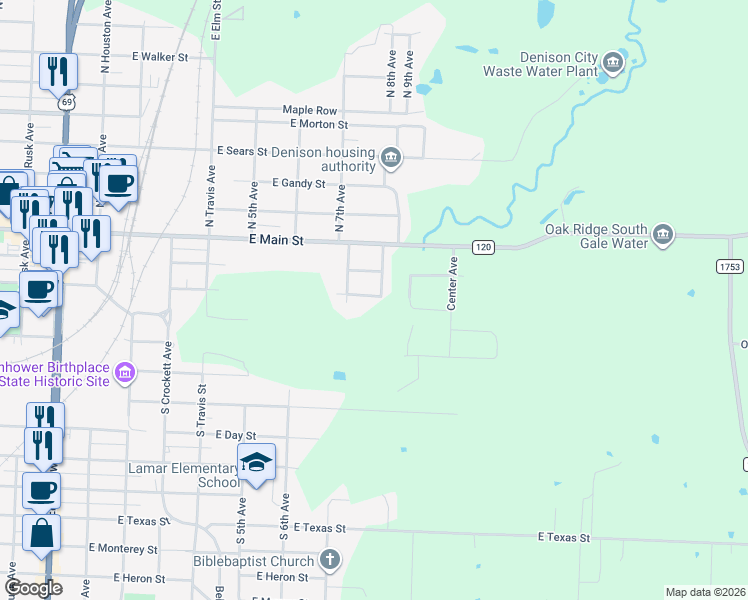 map of restaurants, bars, coffee shops, grocery stores, and more near 726 East Crawford Street in Denison