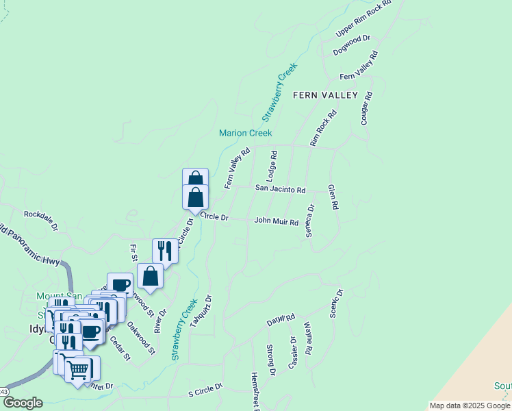 map of restaurants, bars, coffee shops, grocery stores, and more near 25460 Lodge Road in Idyllwild-Pine Cove