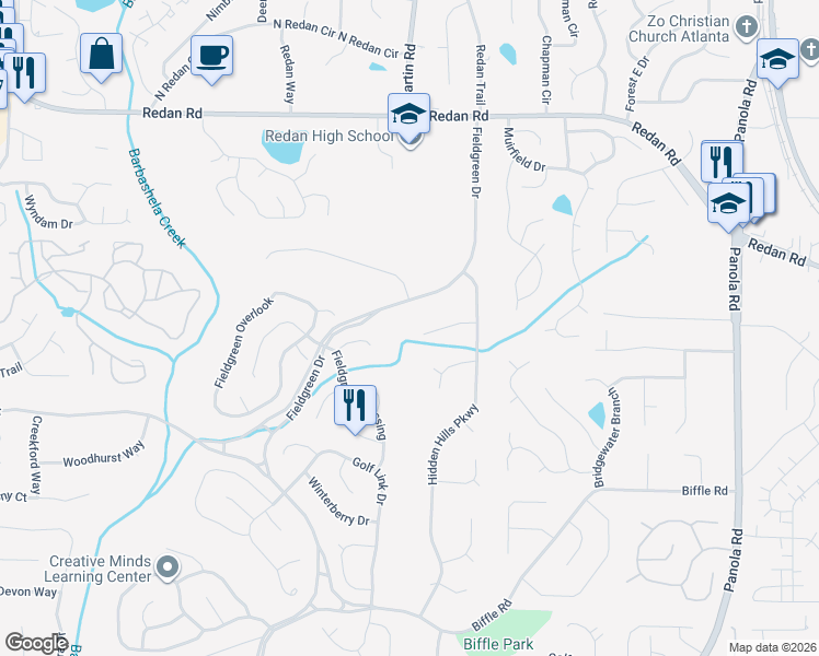map of restaurants, bars, coffee shops, grocery stores, and more near 5136 Golfbrook Court in Stone Mountain