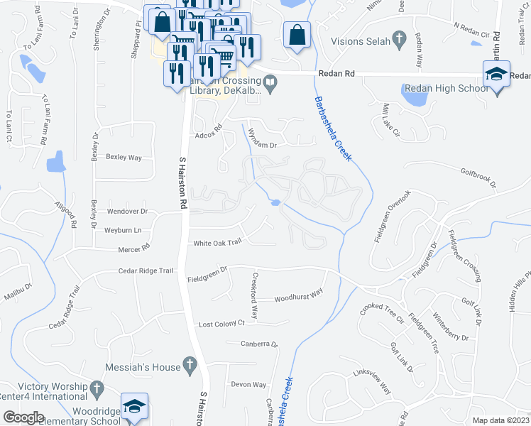 map of restaurants, bars, coffee shops, grocery stores, and more near 4838 White Oak Trail in Stone Mountain
