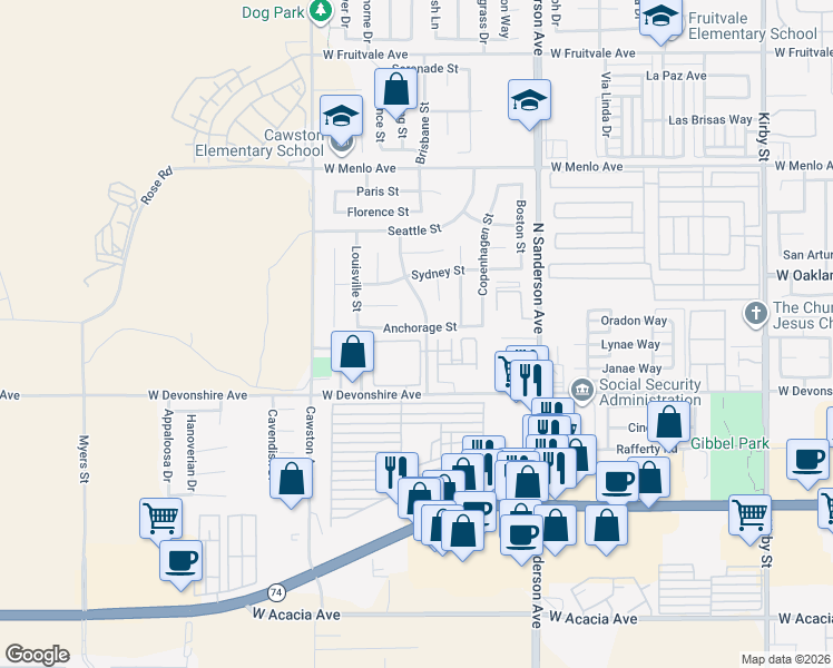 map of restaurants, bars, coffee shops, grocery stores, and more near 3727 Anchorage Street in Hemet