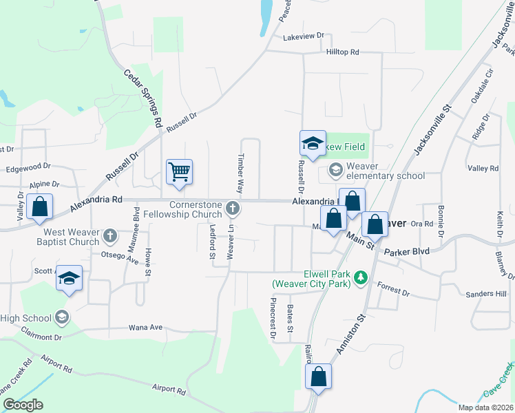 map of restaurants, bars, coffee shops, grocery stores, and more near 516 Alexandria Rd in Weaver