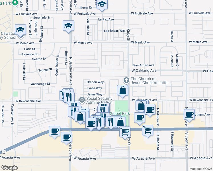 map of restaurants, bars, coffee shops, grocery stores, and more near 2855 Oradon Way in Hemet