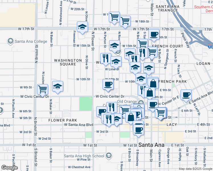 map of restaurants, bars, coffee shops, grocery stores, and more near 835 North Parton Street in Santa Ana
