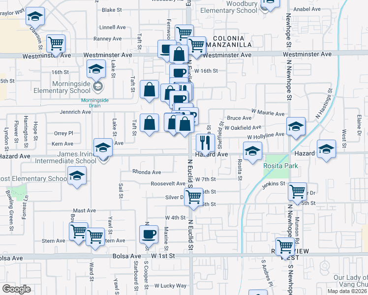 map of restaurants, bars, coffee shops, grocery stores, and more near 919 North Euclid Street in Santa Ana