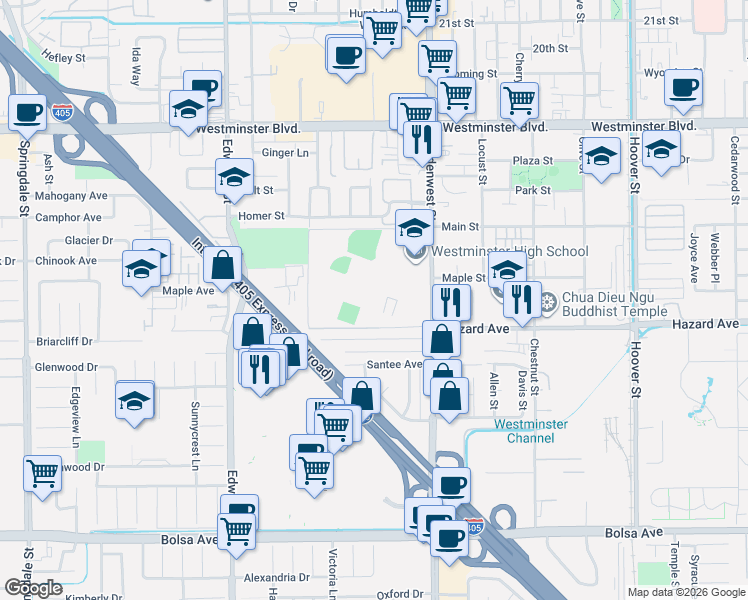 map of restaurants, bars, coffee shops, grocery stores, and more near 14325 Goldenwest Street in Westminster