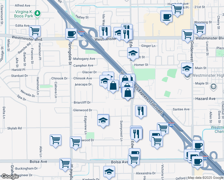 map of restaurants, bars, coffee shops, grocery stores, and more near 6313 Sand Dollar Drive in Westminster