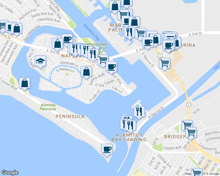 map of restaurants, bars, coffee shops, grocery stores, and more near 6014 Lido Lane in Long Beach