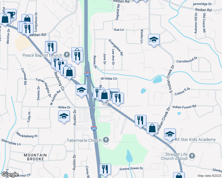 map of restaurants, bars, coffee shops, grocery stores, and more near 1377 Margarette Drive in Decatur