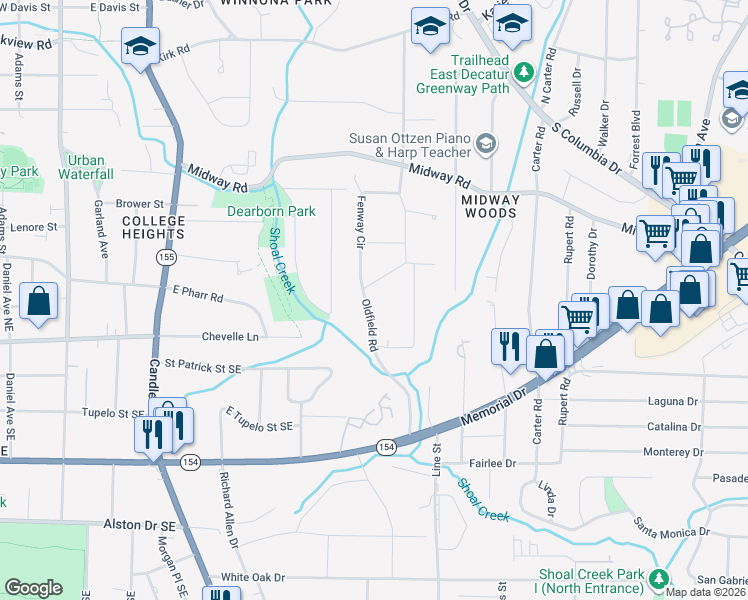 map of restaurants, bars, coffee shops, grocery stores, and more near 1427 Oldfield Road in Decatur