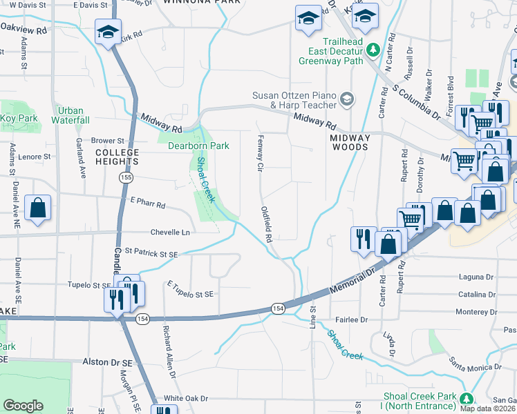 map of restaurants, bars, coffee shops, grocery stores, and more near 1427 Oldfield Road in Decatur