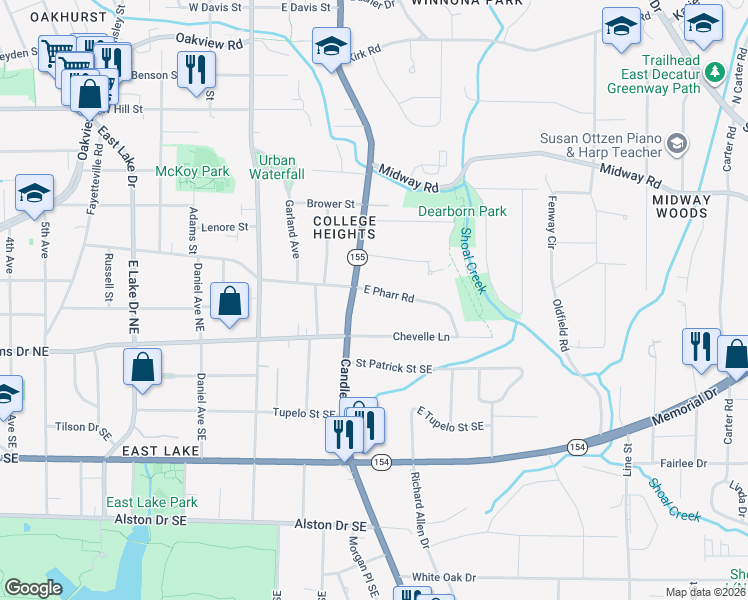 map of restaurants, bars, coffee shops, grocery stores, and more near 2929 Pharr Road East in Decatur
