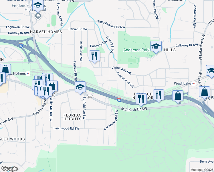map of restaurants, bars, coffee shops, grocery stores, and more near 16 Wadley Street Northwest in Atlanta