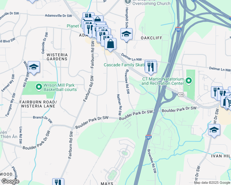 map of restaurants, bars, coffee shops, grocery stores, and more near 141 Nathan Road Southwest in Atlanta