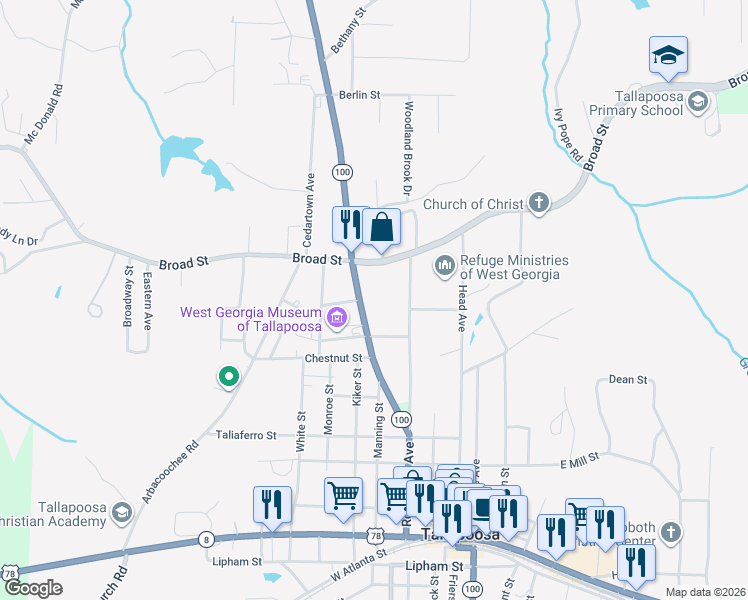 map of restaurants, bars, coffee shops, grocery stores, and more near 409 Bowdon Street in Tallapoosa